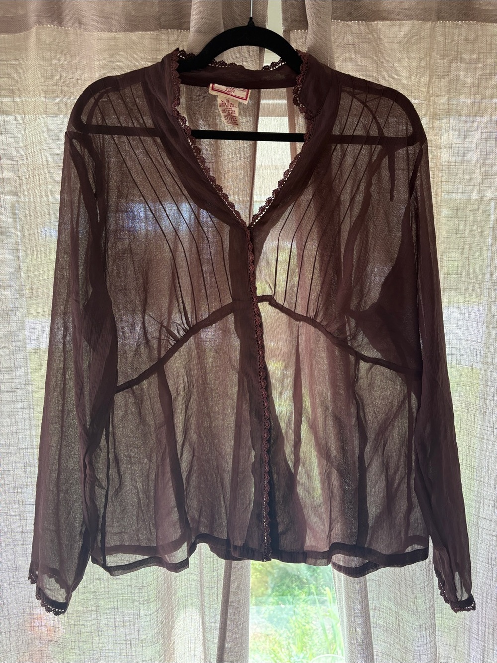 Sheer Brown Lace-Trim Long-Sleeve Babydoll Top